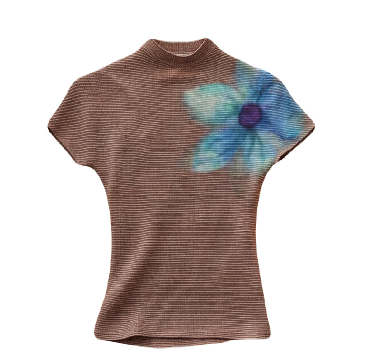 Grey Mock Neck w Blue Flower Detail